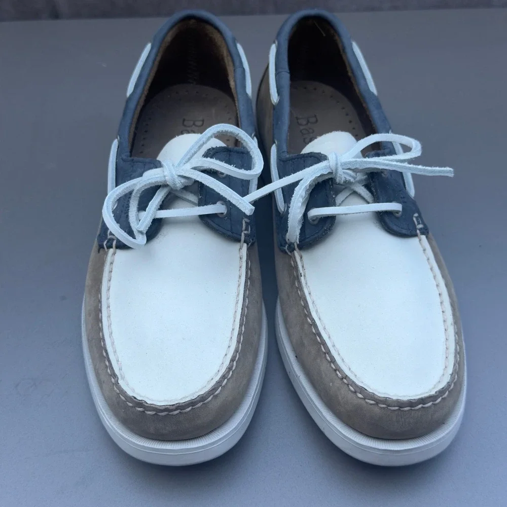 Bass Seafarer Boat Shoes 8.5M Tan Blue White Leather Mens